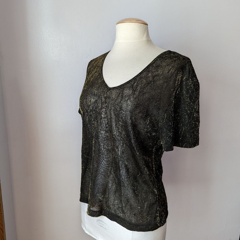 Vintage Black V-Neck Top with Gold Shimmer